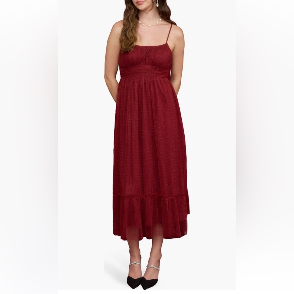 Blu Pepper Burgundy Empire Waist Mesh
Midi Dress NWT